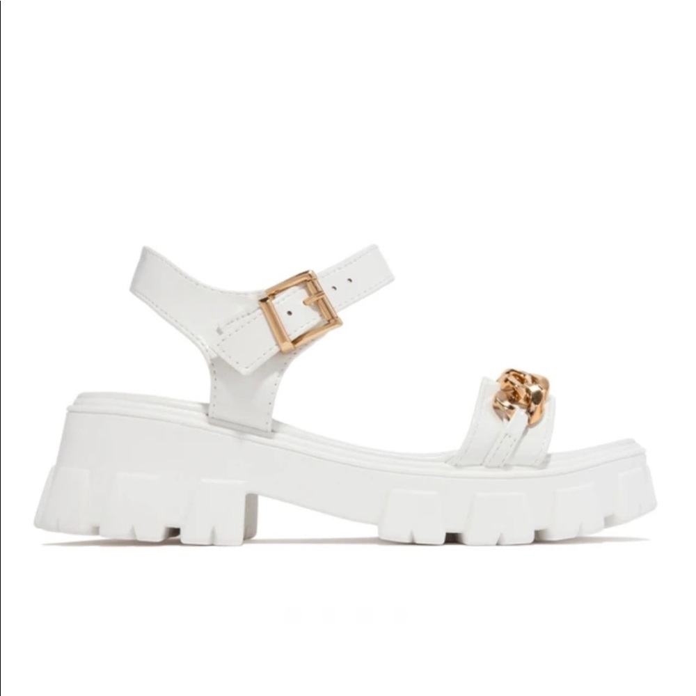 White Chunky Platform Gold Chain Band Sandals - Picture 4 of 7